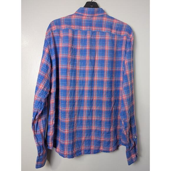 UNTUCKit Blue Red Plaid Size L 100% LINEN Button Down Casual Shirt Front Pocket - Picture 7 of 9